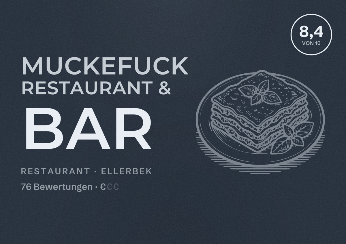 Illustriertes Poster von Muckefuck Restaurant & Bar, Restaurant in Ellerbek: Bewertung 8,4 von 10 aus 76 Bewertungen, Preisniveau €
