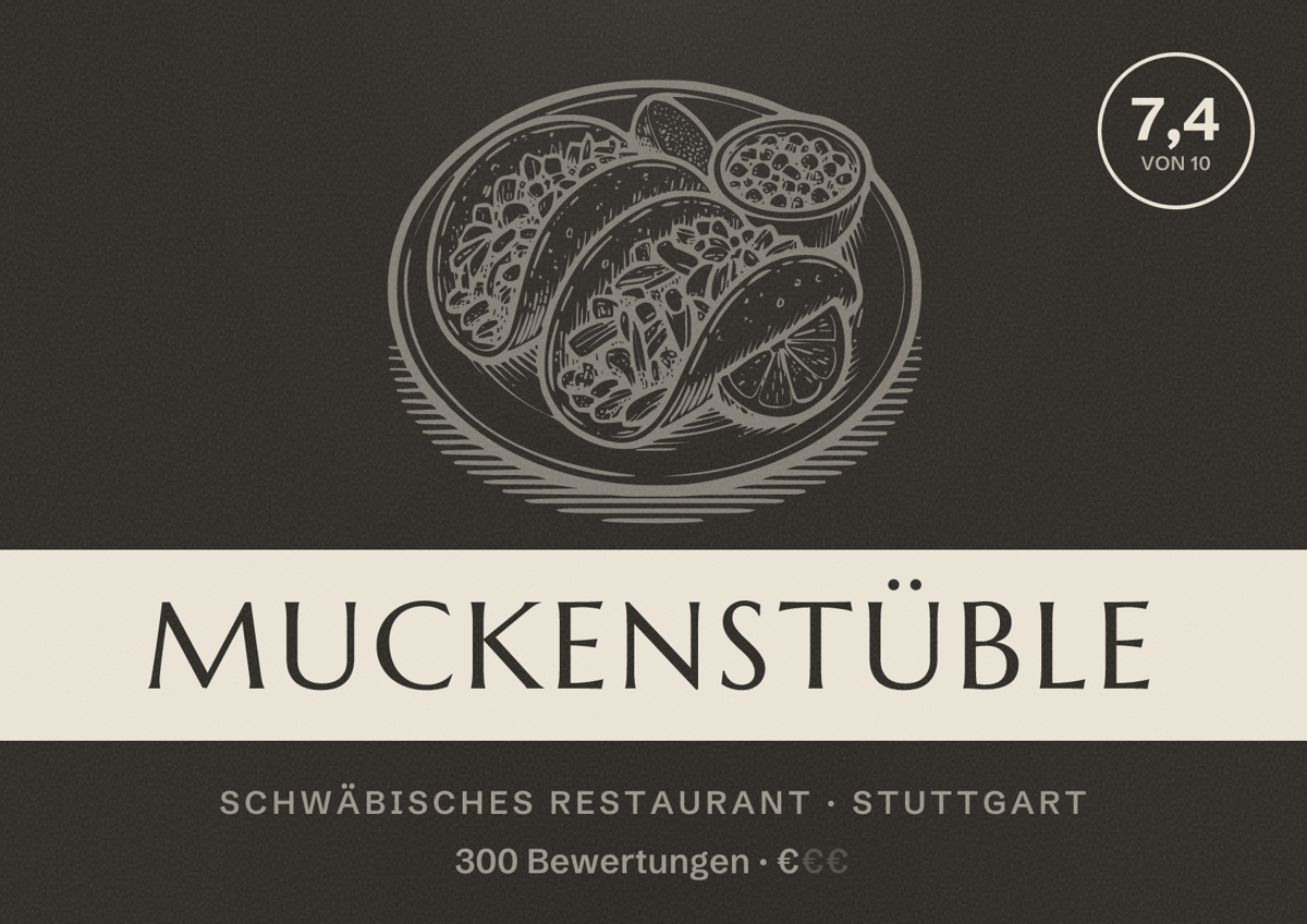 Illustriertes Poster von Muckenstüble, Schwäbisches Restaurant in Stuttgart: Bewertung 7,4 von 10 aus 300 Bewertungen, Preisniveau €