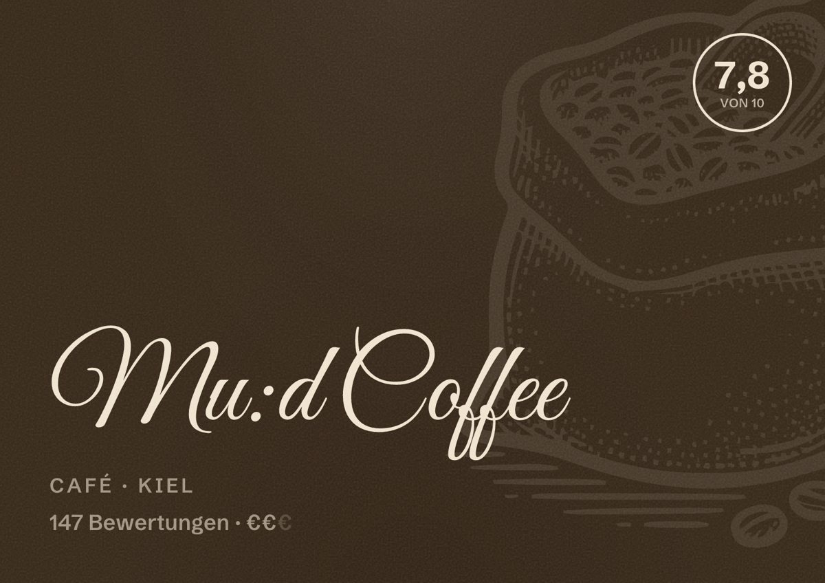 Illustriertes Poster von Mu:d Coffee, Café in Kiel: Bewertung 7,8 von 10 aus 147 Bewertungen, Preisniveau €€