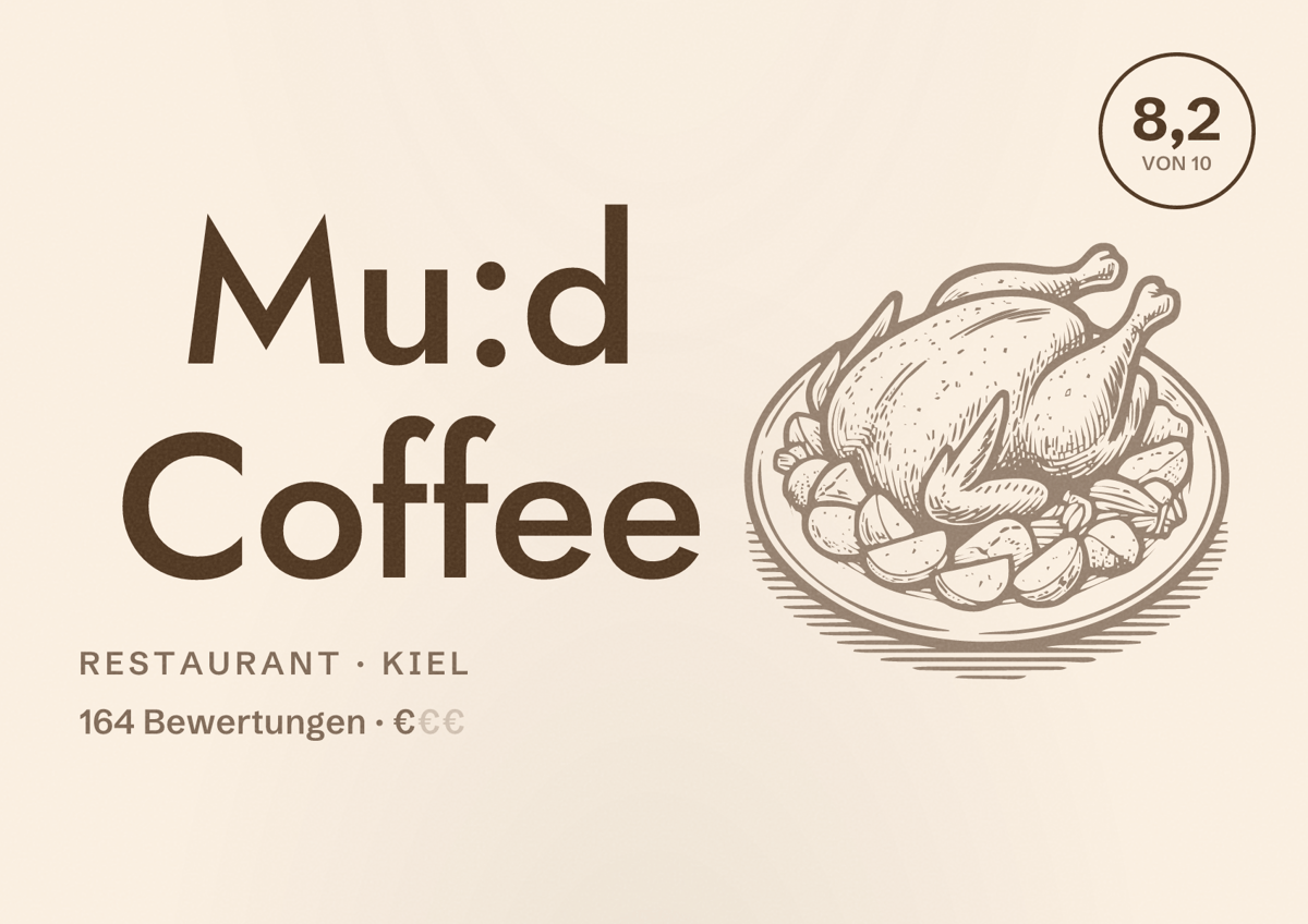 Illustriertes Poster von Mu:d Coffee, Restaurant in Kiel: Bewertung 8,2 von 10 aus 164 Bewertungen, Preisniveau €