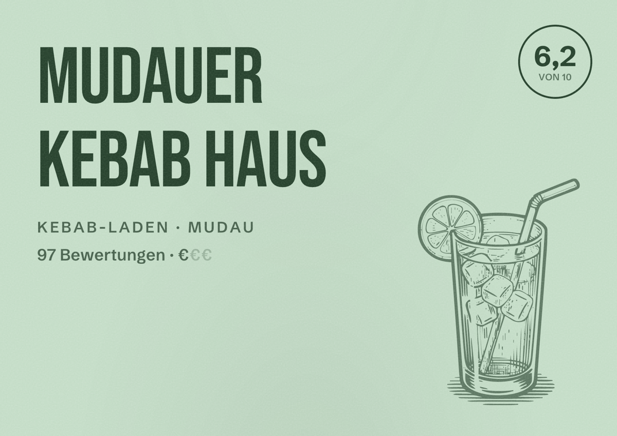 Illustriertes Poster von Mudauer Kebab Haus, Kebab-Laden in Mudau: Bewertung 6,2 von 10 aus 97 Bewertungen, Preisniveau €