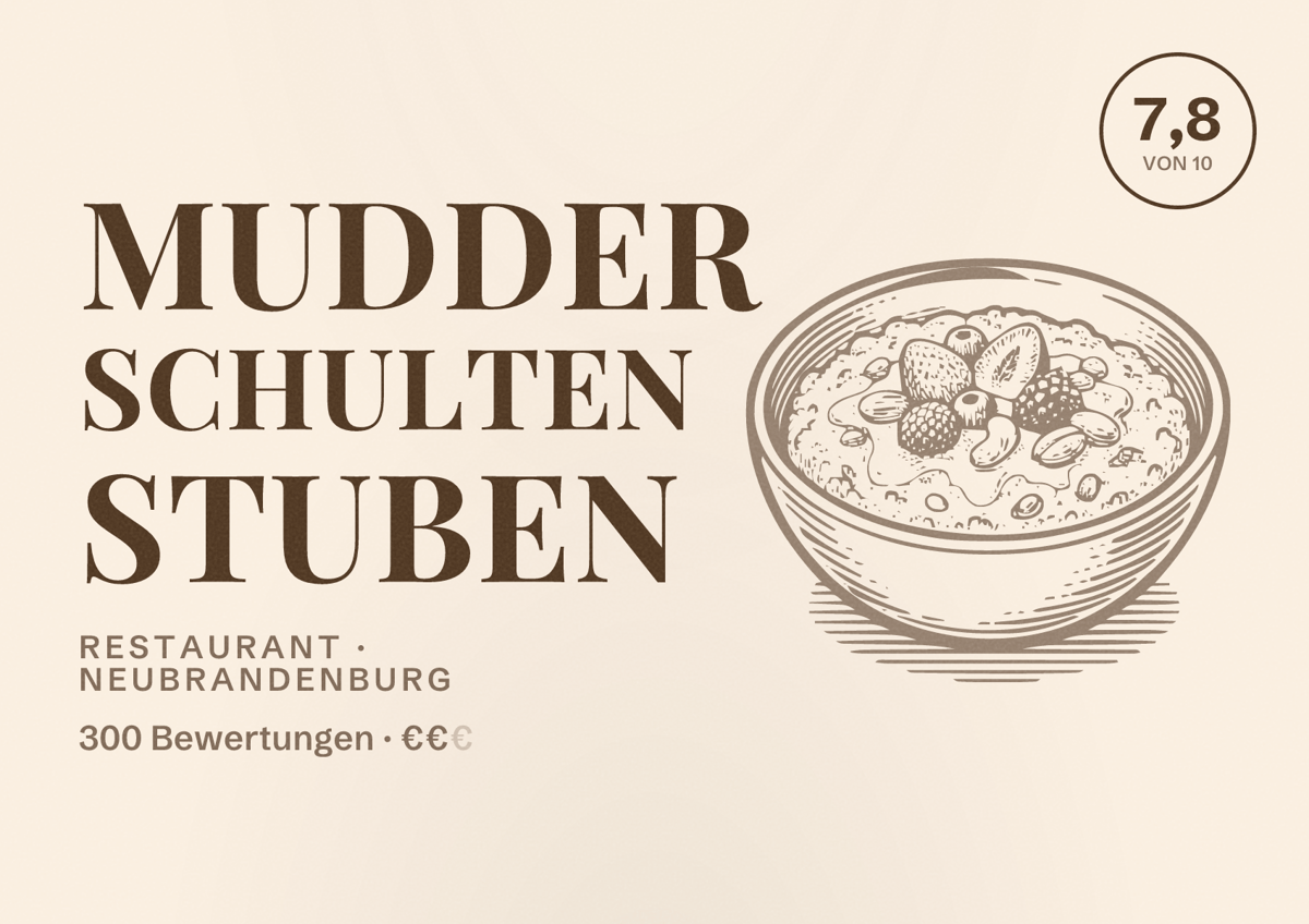 Illustriertes Poster von Mudder Schulten Stuben, Restaurant in Neubrandenburg: Bewertung 7,8 von 10 aus 300 Bewertungen, Preisniveau €€