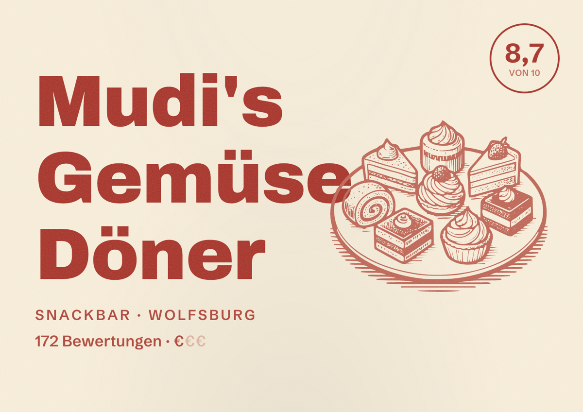 Illustriertes Poster von Mudi's Gemüse Döner, Snackbar in Wolfsburg: Bewertung 8,7 von 10 aus 172 Bewertungen, Preisniveau €
