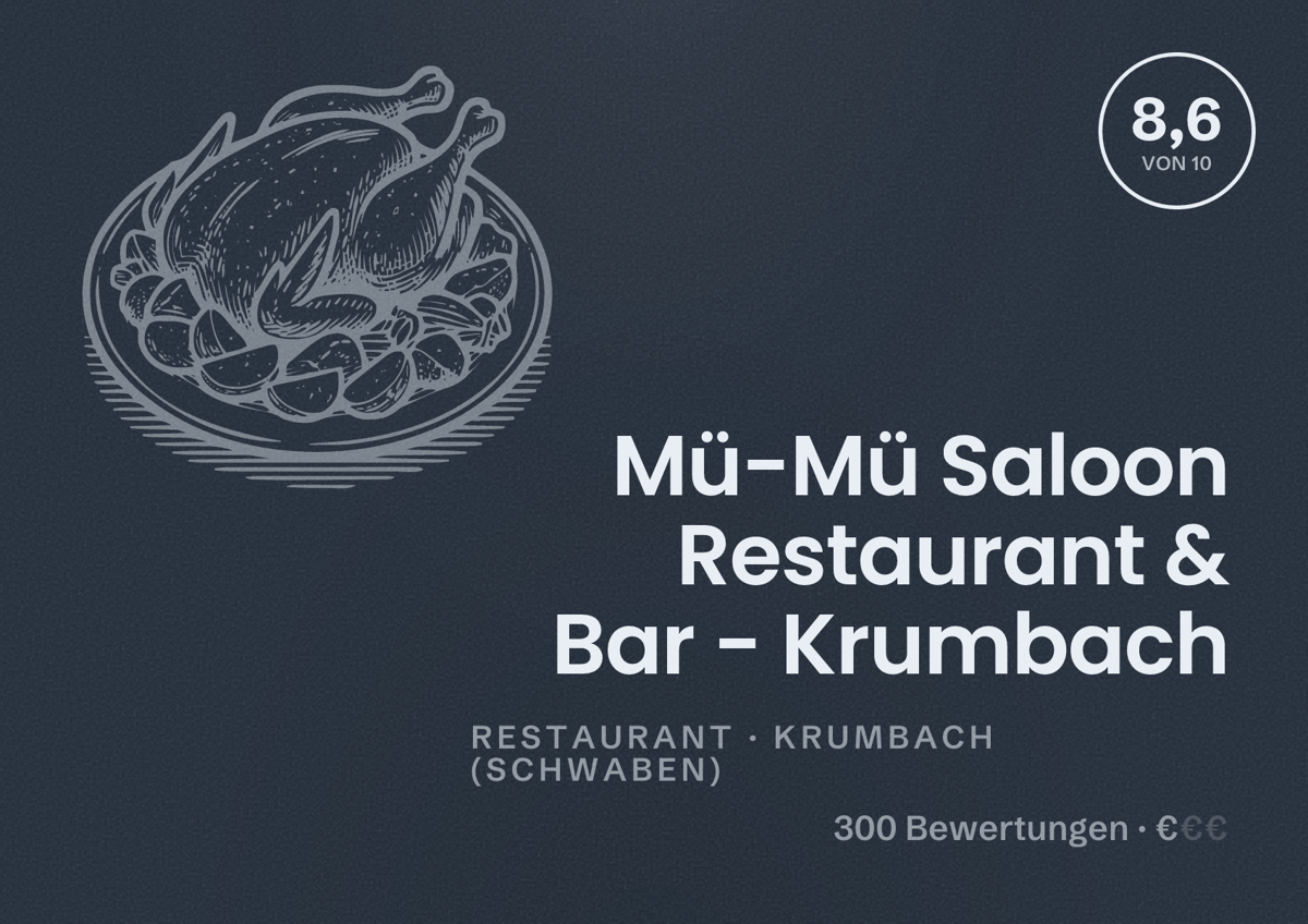 Illustriertes Poster von Mü-Mü Saloon Restaurant & Bar - Krumbach, Restaurant in Krumbach (Schwaben): Bewertung 8,6 von 10 aus 300 Bewertungen, Preisniveau €