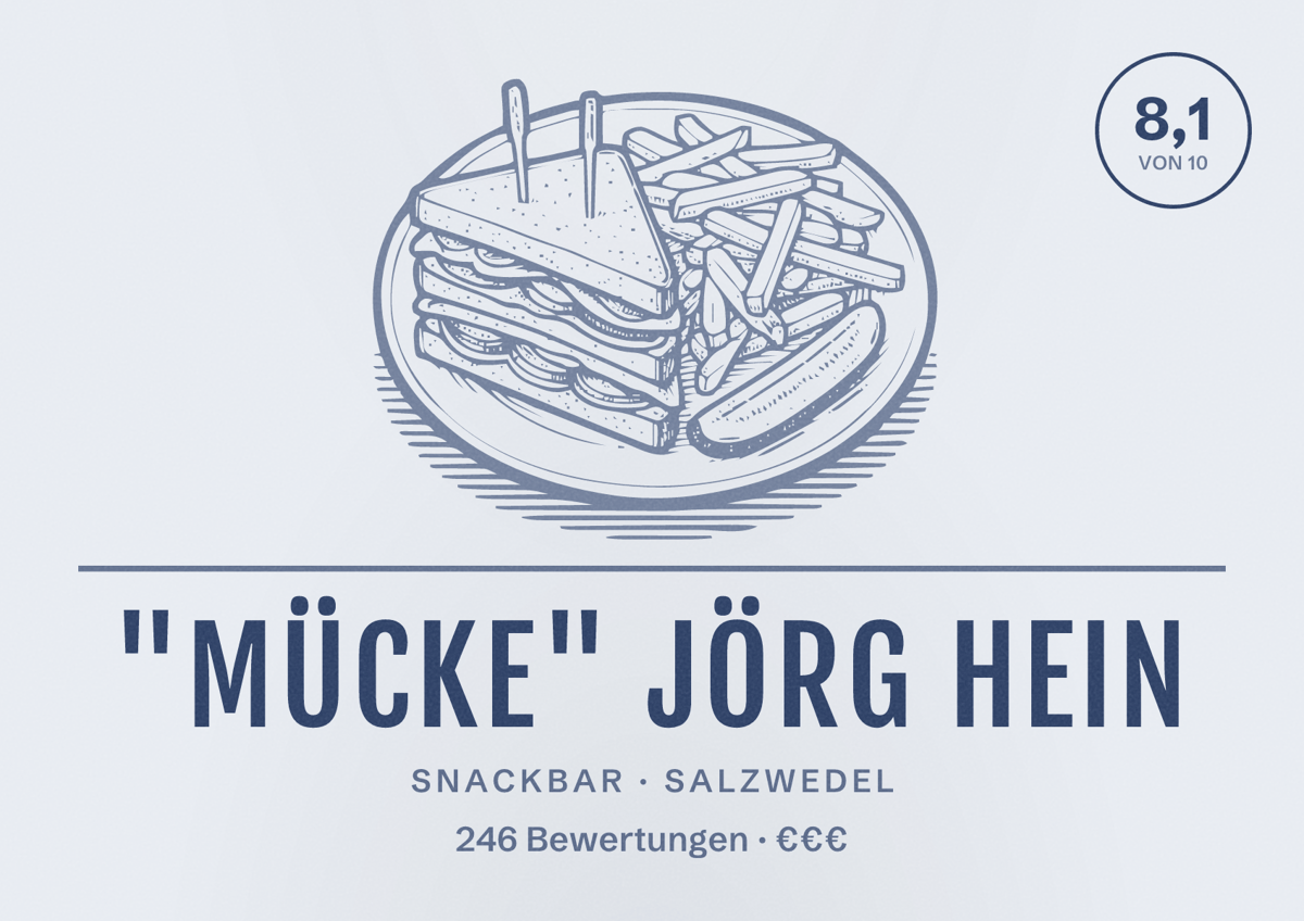 Illustriertes Poster von "Mücke" Jörg Hein, Snackbar in Salzwedel: Bewertung 8,1 von 10 aus 246 Bewertungen, Preisniveau €€€