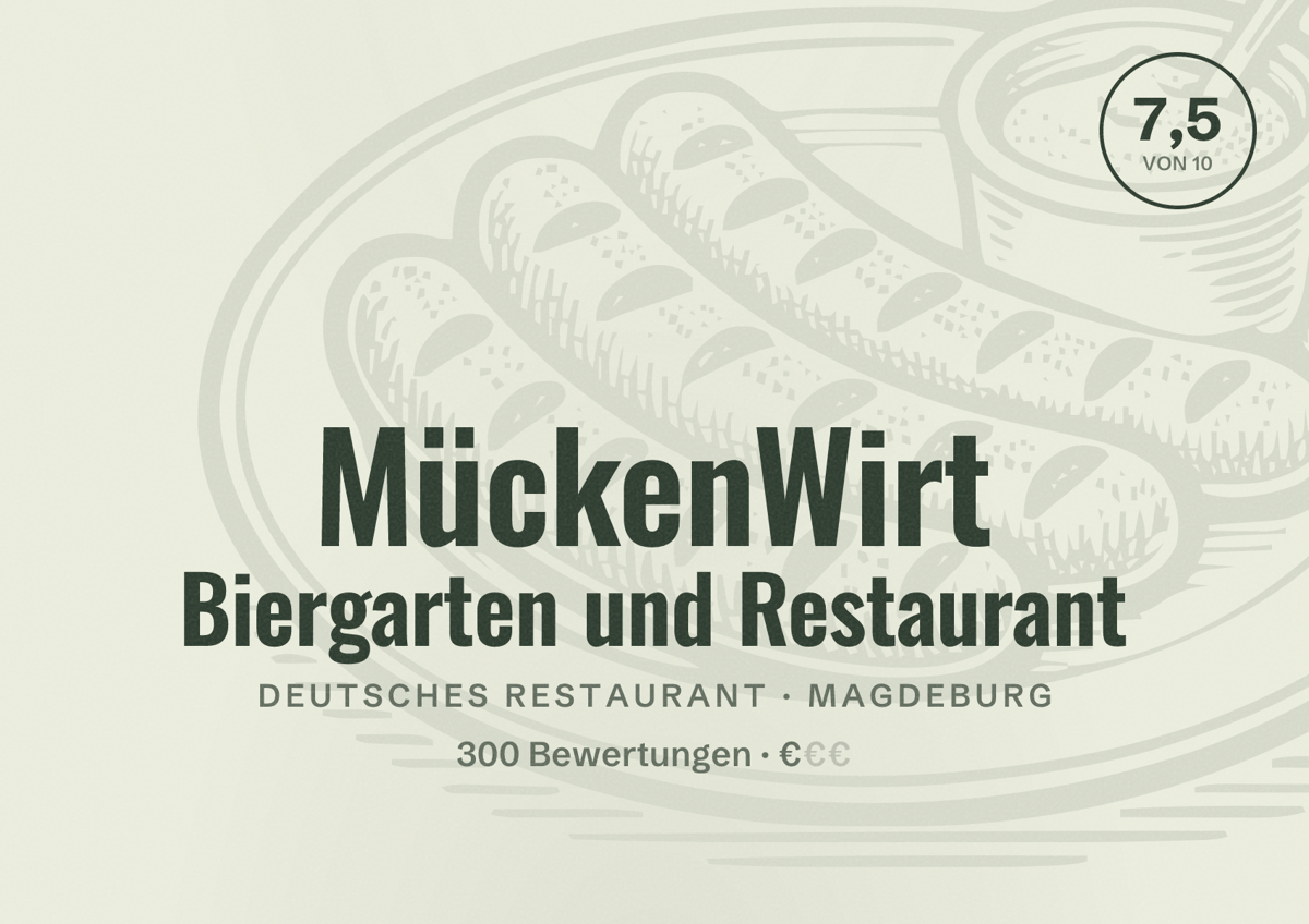Illustriertes Poster von MückenWirt Biergarten und Restaurant, Deutsches Restaurant in Magdeburg: Bewertung 7,5 von 10 aus 300 Bewertungen, Preisniveau €