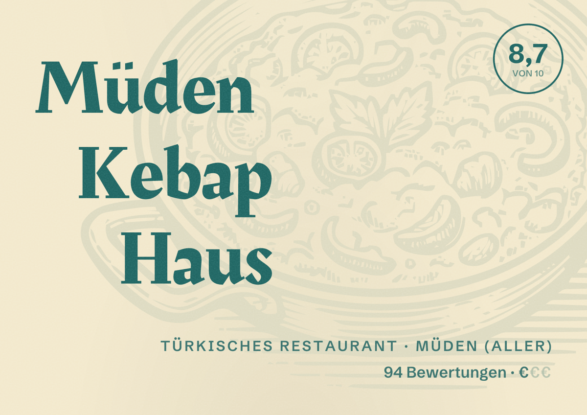 Illustriertes Poster von Müden Kebap Haus, Türkisches Restaurant in Müden (Aller): Bewertung 8,7 von 10 aus 94 Bewertungen, Preisniveau €