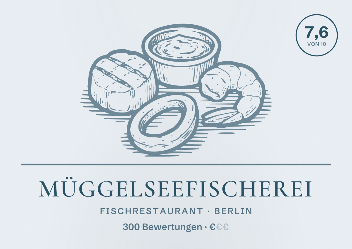 Illustriertes Poster von Müggelseefischerei, Fischrestaurant in Berlin: Bewertung 7,6 von 10 aus 300 Bewertungen, Preisniveau €