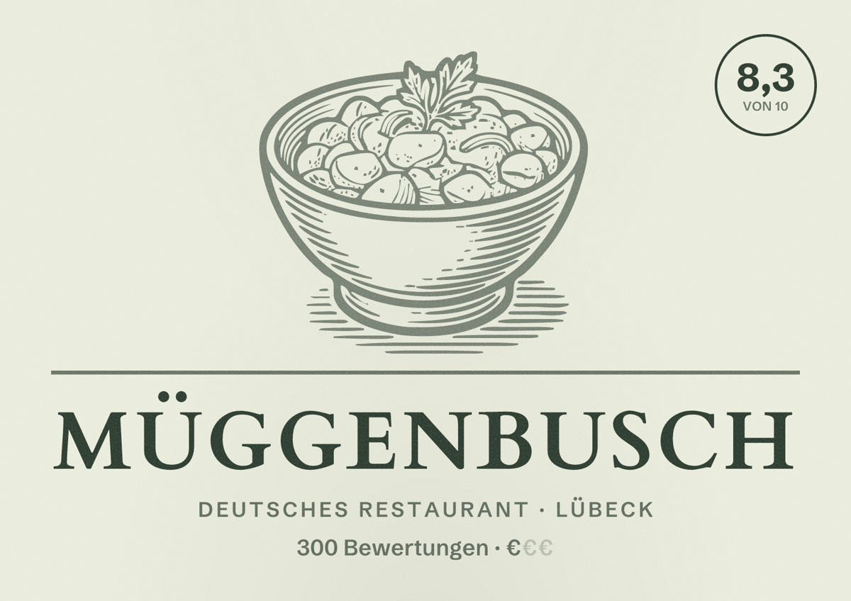 Illustriertes Poster von Müggenbusch, Deutsches Restaurant in Lübeck: Bewertung 8,3 von 10 aus 300 Bewertungen, Preisniveau €
