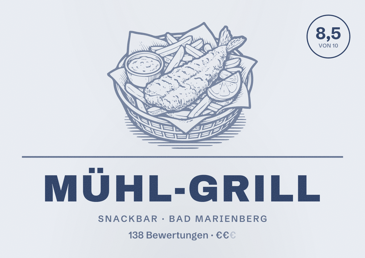 Illustriertes Poster von Mühl-Grill, Snackbar in Bad Marienberg: Bewertung 8,5 von 10 aus 138 Bewertungen, Preisniveau €€