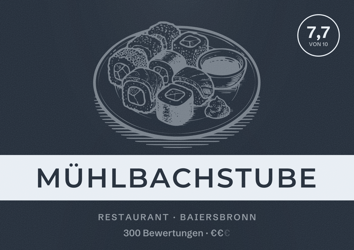 Illustriertes Poster von Mühlbachstube, Restaurant in Baiersbronn: Bewertung 7,7 von 10 aus 300 Bewertungen, Preisniveau €€
