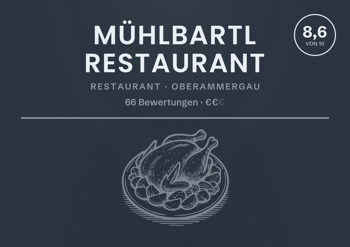 Illustriertes Poster von Mühlbartl Restaurant, Restaurant in Oberammergau: Bewertung 8,6 von 10 aus 66 Bewertungen, Preisniveau €€