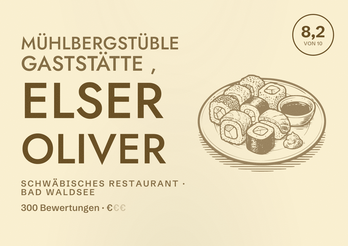 Illustriertes Poster von Mühlbergstüble Gaststätte , Elser Oliver, Schwäbisches Restaurant in Bad Waldsee: Bewertung 8,2 von 10 aus 300 Bewertungen, Preisniveau €