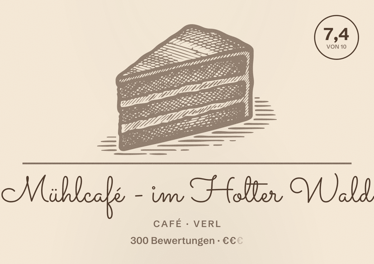 Illustriertes Poster von Mühlcafé - im Holter Wald, Café in Verl: Bewertung 7,4 von 10 aus 300 Bewertungen, Preisniveau €€