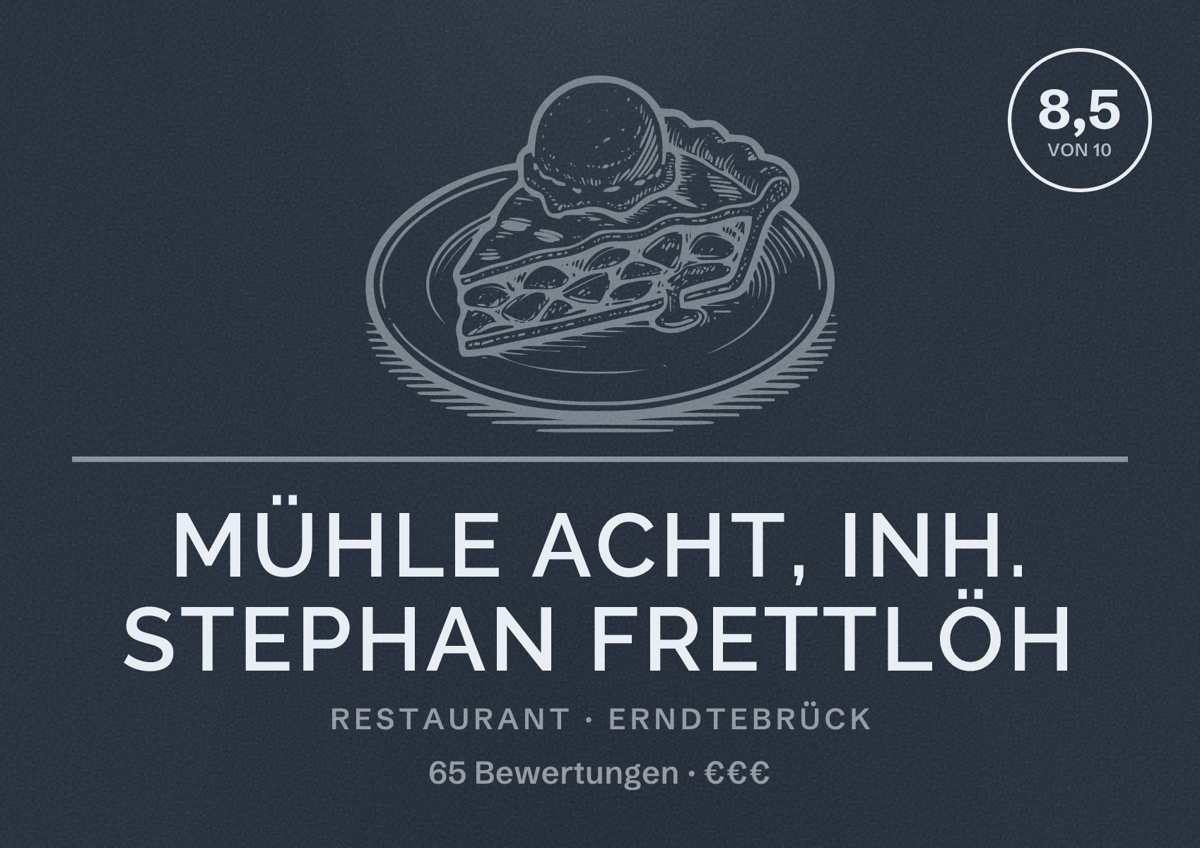 Illustriertes Poster von Mühle Acht, Inh. Stephan Frettlöh, Restaurant in Erndtebrück: Bewertung 8,5 von 10 aus 65 Bewertungen, Preisniveau €€€