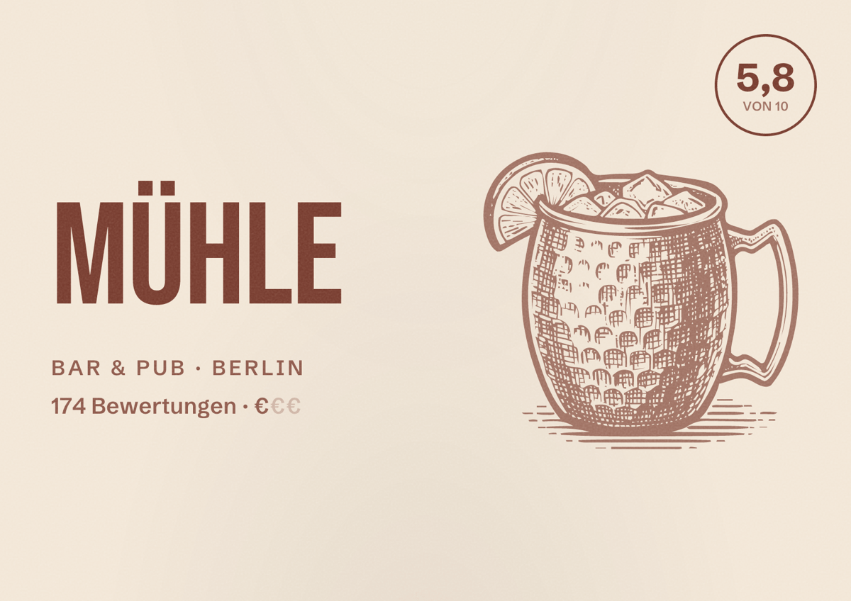 Illustriertes Poster von Mühle, Bar & Pub in Berlin: Bewertung 5,8 von 10 aus 174 Bewertungen, Preisniveau €