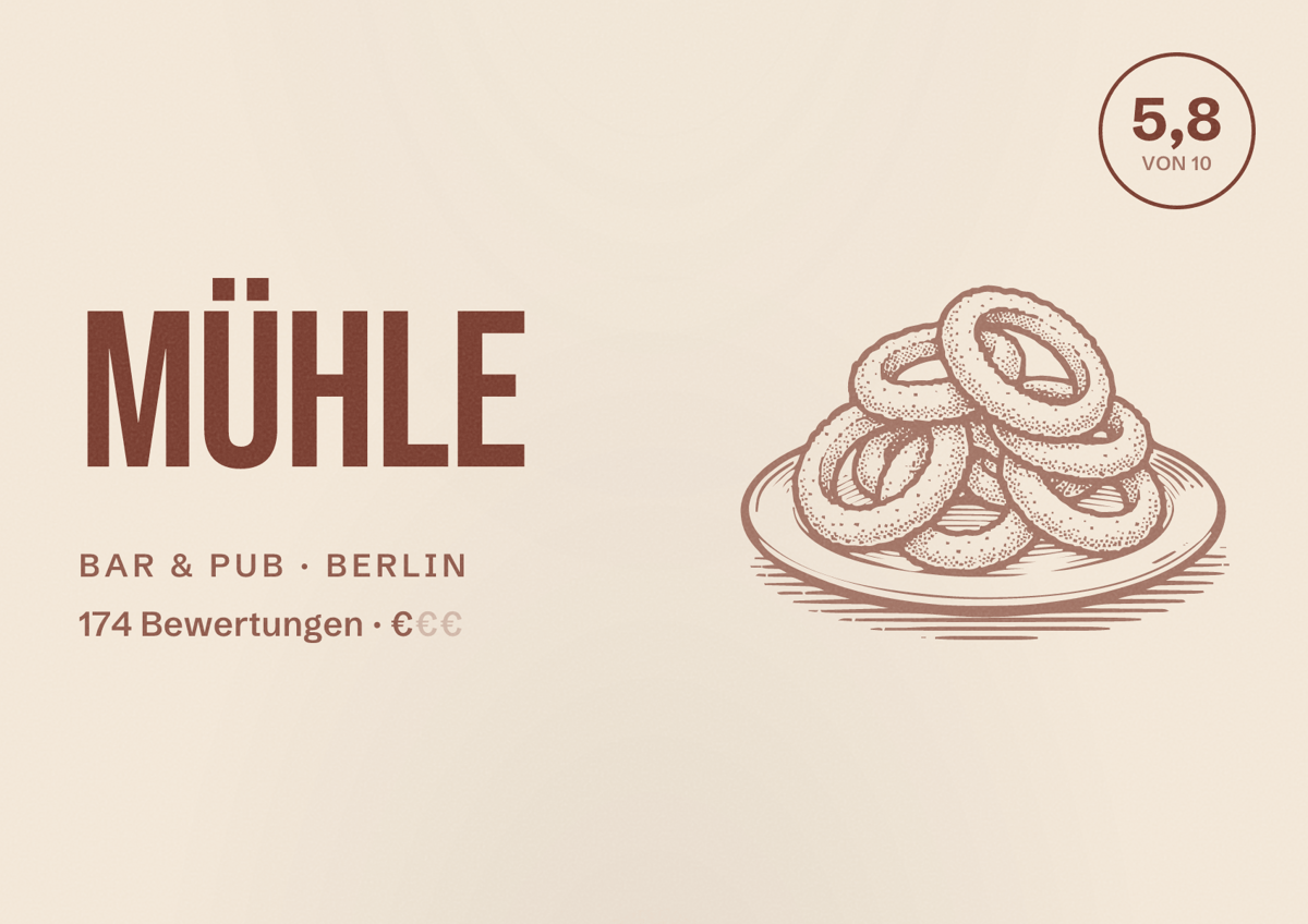 Illustriertes Poster von Mühle, Bar & Pub in Berlin: Bewertung 5,8 von 10 aus 174 Bewertungen, Preisniveau €