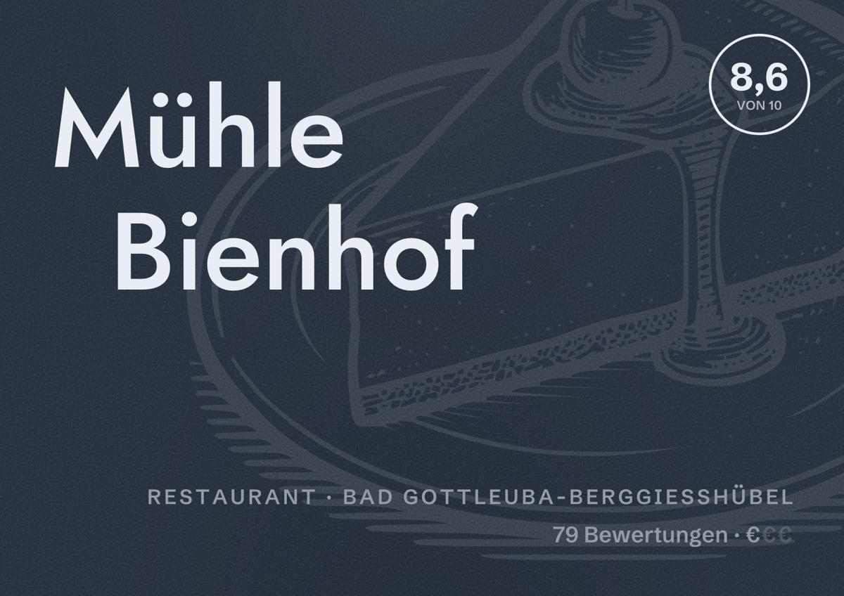Illustriertes Poster von Mühle Bienhof, Restaurant in Bad Gottleuba-Berggießhübel: Bewertung 8,6 von 10 aus 79 Bewertungen, Preisniveau €
