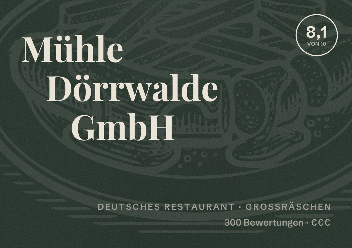 Illustriertes Poster von Mühle Dörrwalde GmbH, Deutsches Restaurant in Großräschen: Bewertung 8,1 von 10 aus 300 Bewertungen, Preisniveau €€€