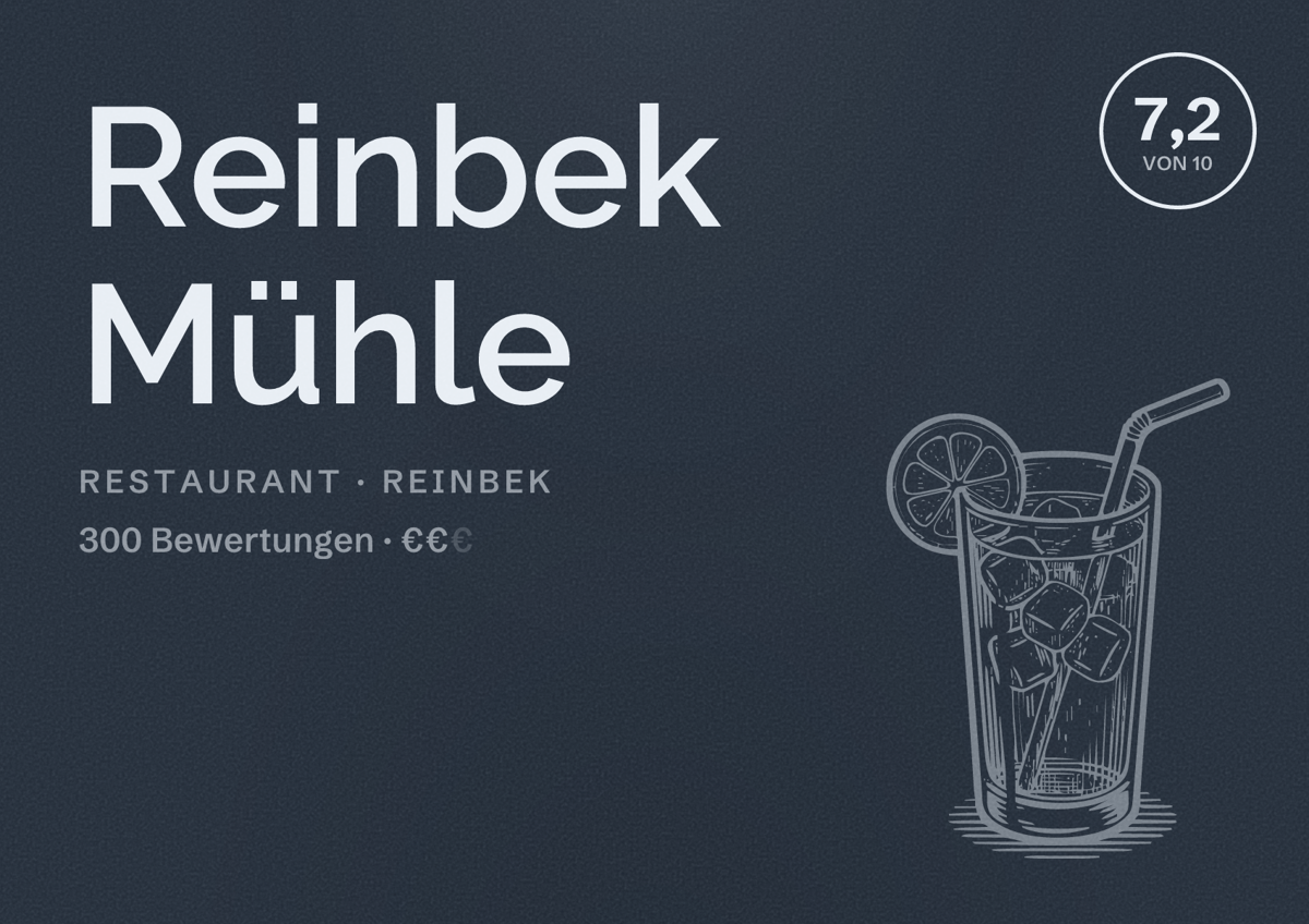 Illustriertes Poster von Reinbek Mühle, Restaurant in Reinbek: Bewertung 7,2 von 10 aus 300 Bewertungen, Preisniveau €€