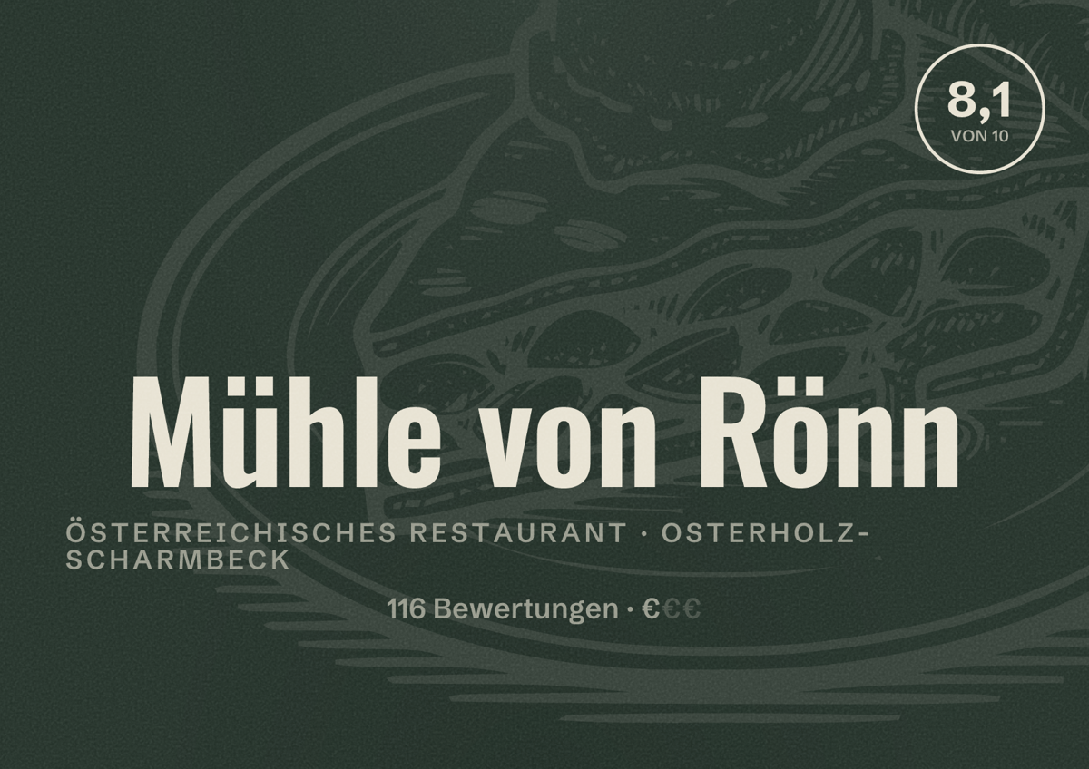 Illustriertes Poster von Mühle von Rönn, Österreichisches Restaurant in Osterholz-Scharmbeck: Bewertung 8,1 von 10 aus 116 Bewertungen, Preisniveau €
