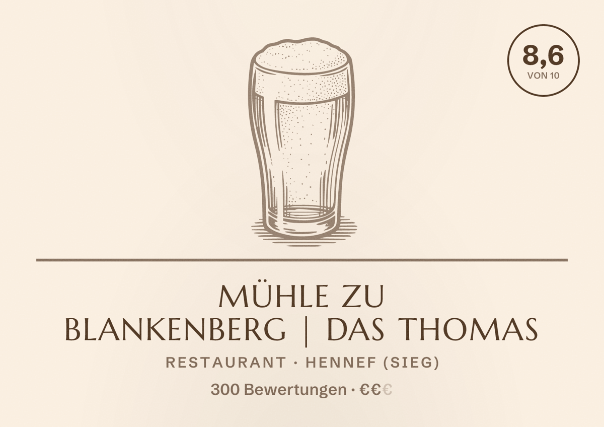 Illustriertes Poster von Mühle zu Blankenberg | DAS THOMAS, Restaurant in Hennef (Sieg): Bewertung 8,6 von 10 aus 300 Bewertungen, Preisniveau €€