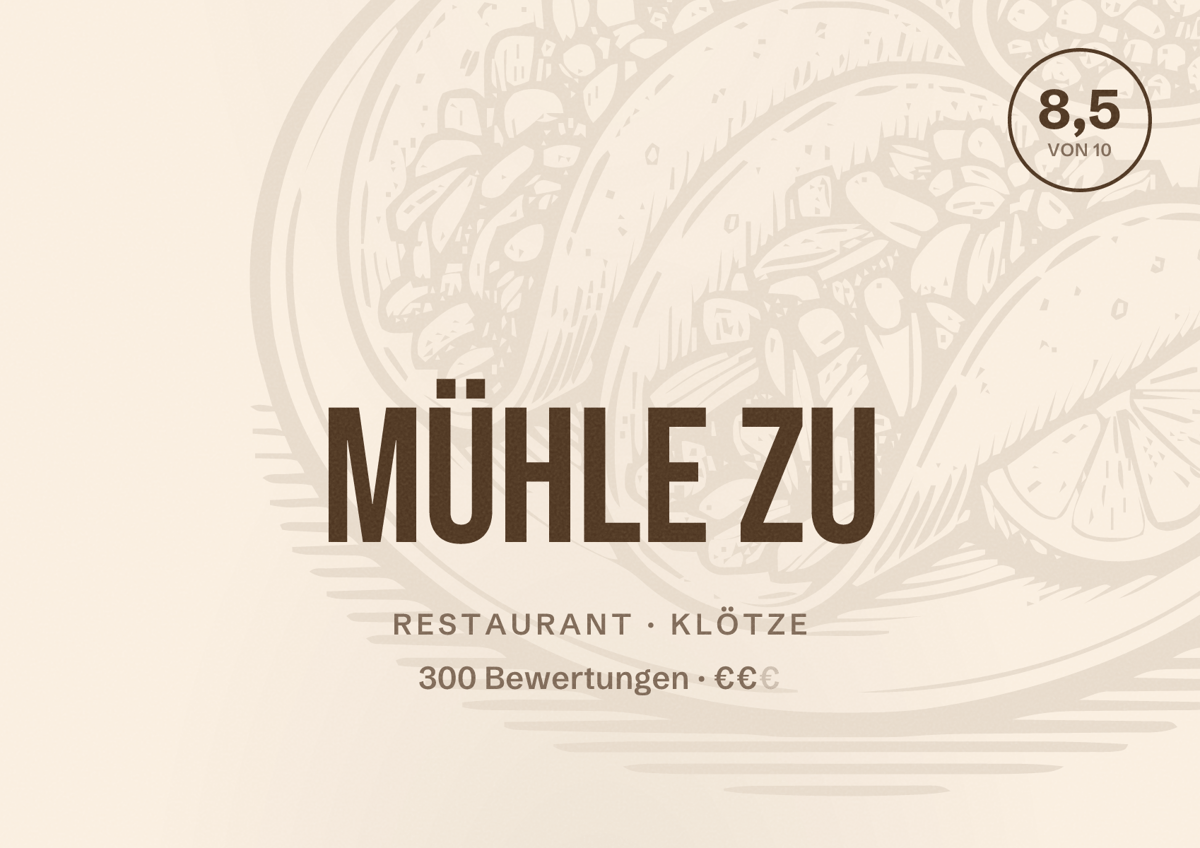 Illustriertes Poster von Mühle zu, Restaurant in Klötze: Bewertung 8,5 von 10 aus 300 Bewertungen, Preisniveau €€