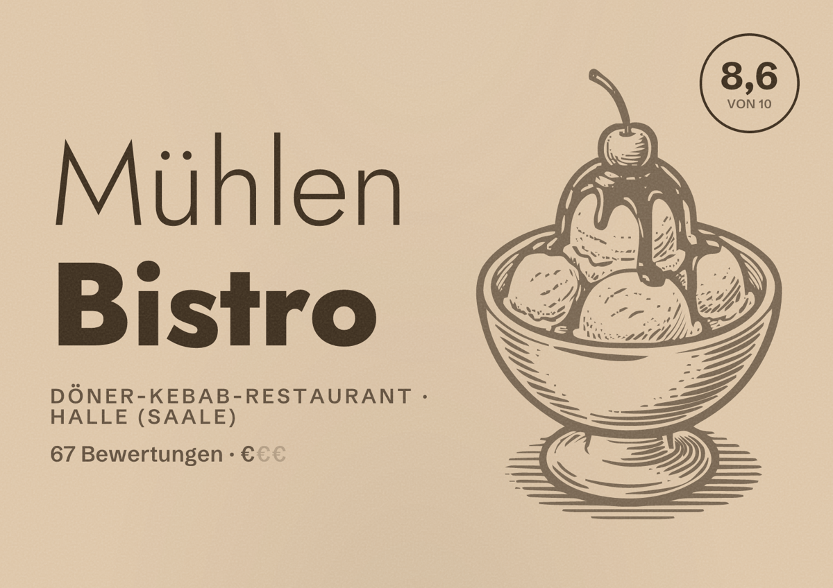 Illustriertes Poster von Mühlen Bistro, Döner-Kebab-Restaurant in Halle (Saale): Bewertung 8,6 von 10 aus 67 Bewertungen, Preisniveau €