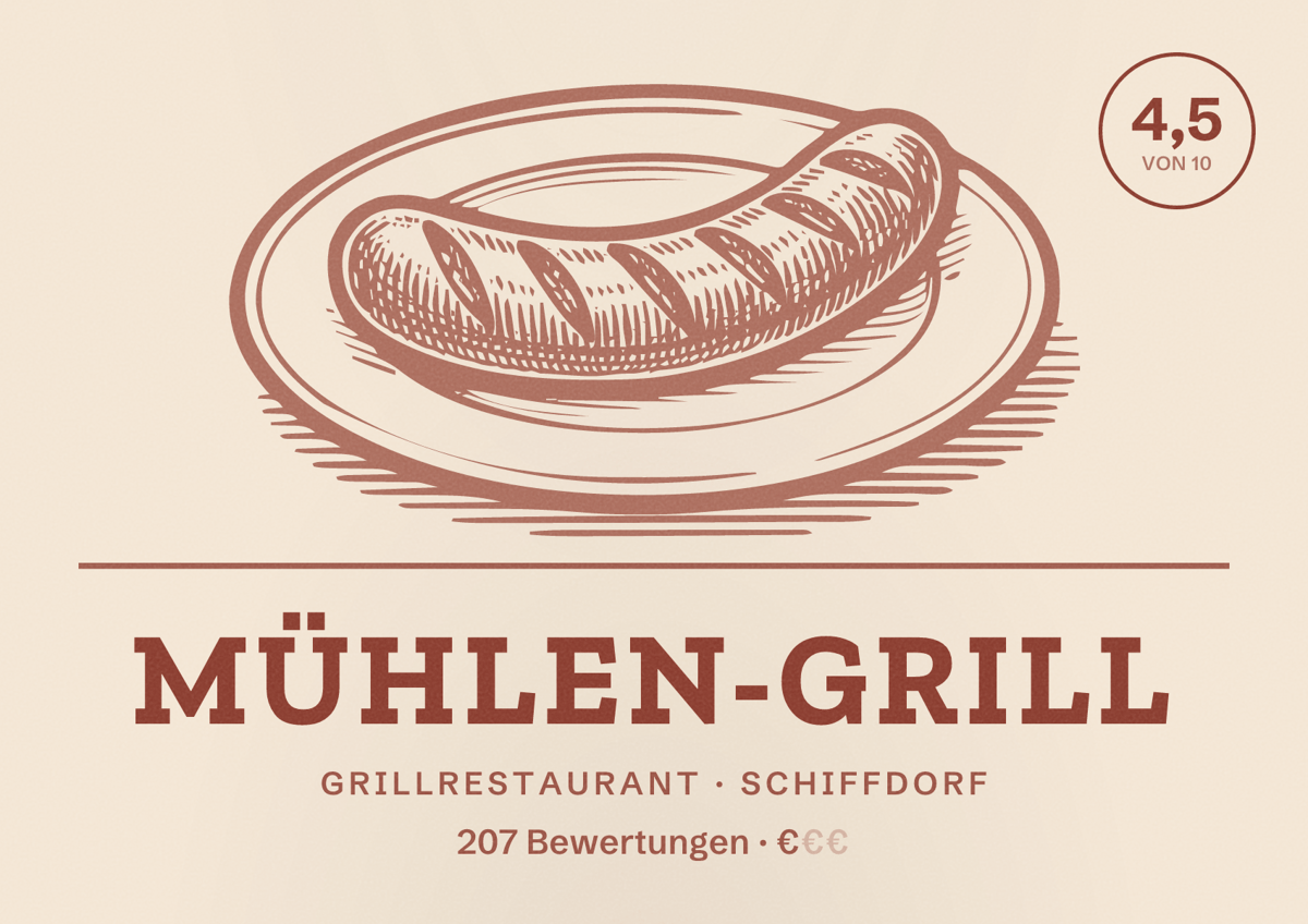 Illustriertes Poster von Mühlen-Grill, Grillrestaurant in Schiffdorf: Bewertung 4,5 von 10 aus 207 Bewertungen, Preisniveau €