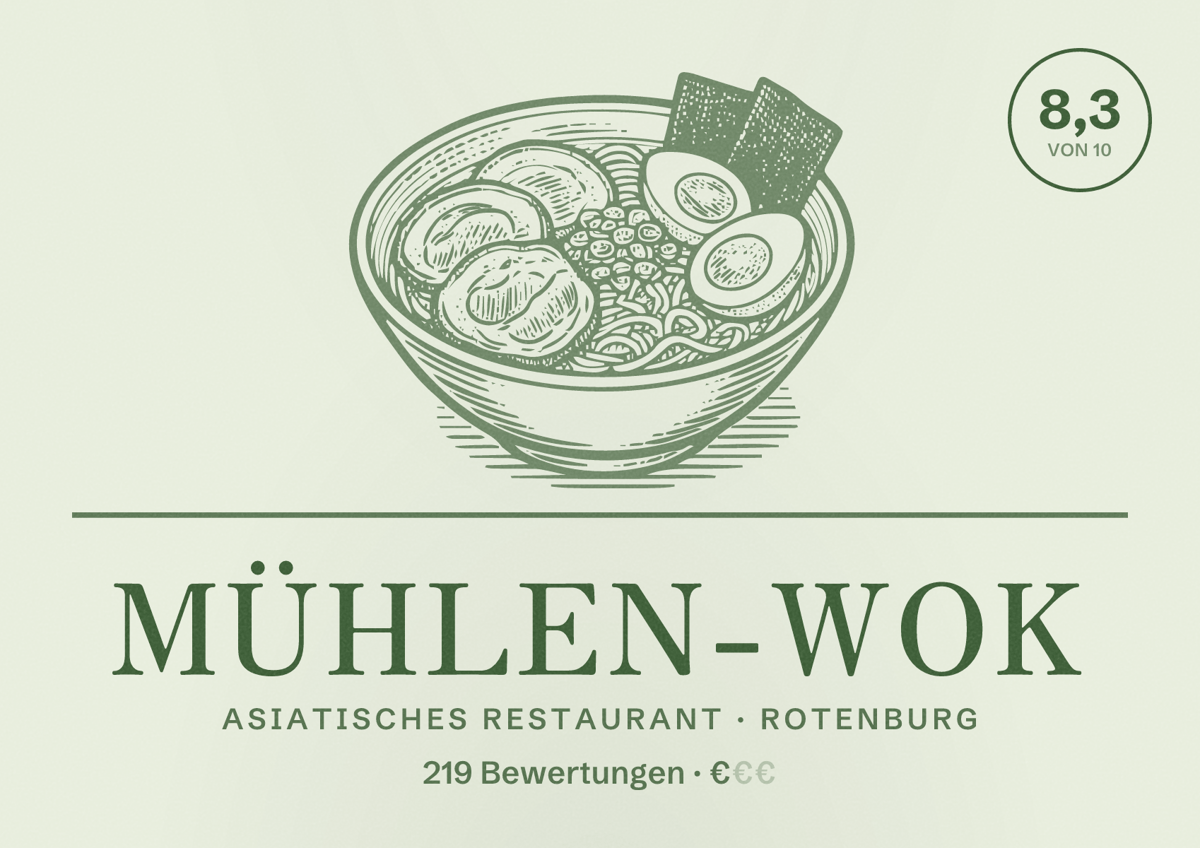 Illustriertes Poster von Mühlen-Wok, Asiatisches Restaurant in Rotenburg: Bewertung 8,3 von 10 aus 219 Bewertungen, Preisniveau €