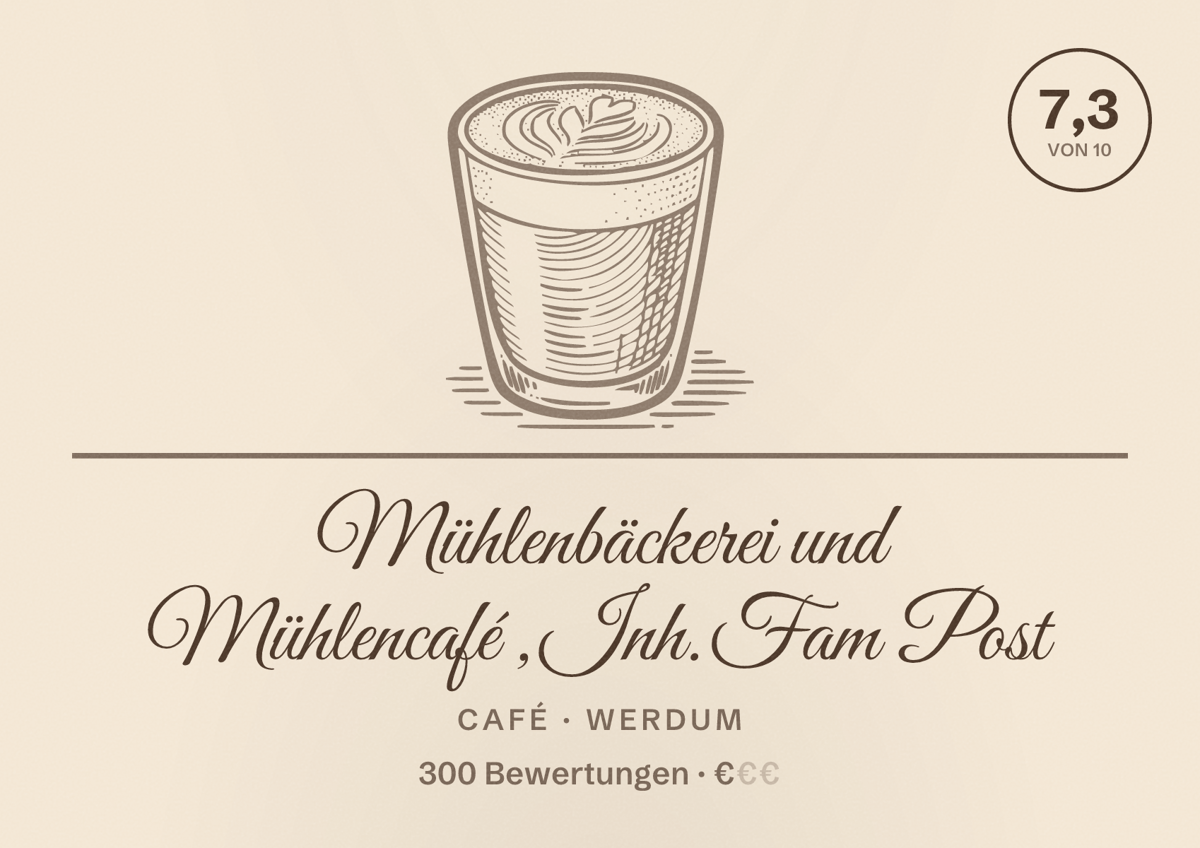Illustriertes Poster von Mühlenbäckerei und Mühlencafé ,Inh. Fam Post, Café in Werdum: Bewertung 7,3 von 10 aus 300 Bewertungen, Preisniveau €