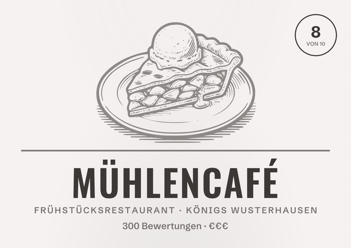 Illustriertes Poster von Mühlencafé, Frühstücksrestaurant in Königs Wusterhausen: Bewertung 8 von 10 aus 300 Bewertungen, Preisniveau €€€