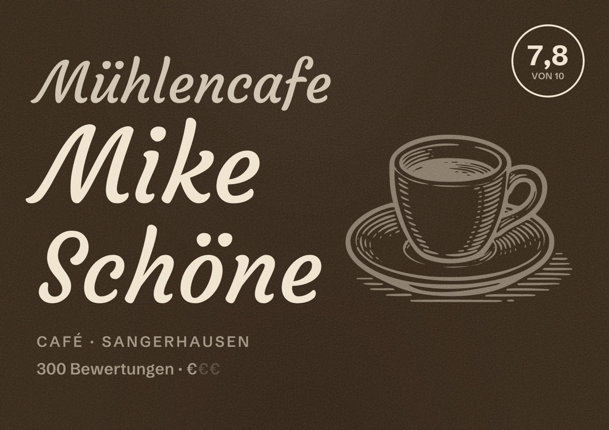 Illustriertes Poster von Mühlencafe Mike Schöne, Café in Sangerhausen: Bewertung 7,8 von 10 aus 300 Bewertungen, Preisniveau €