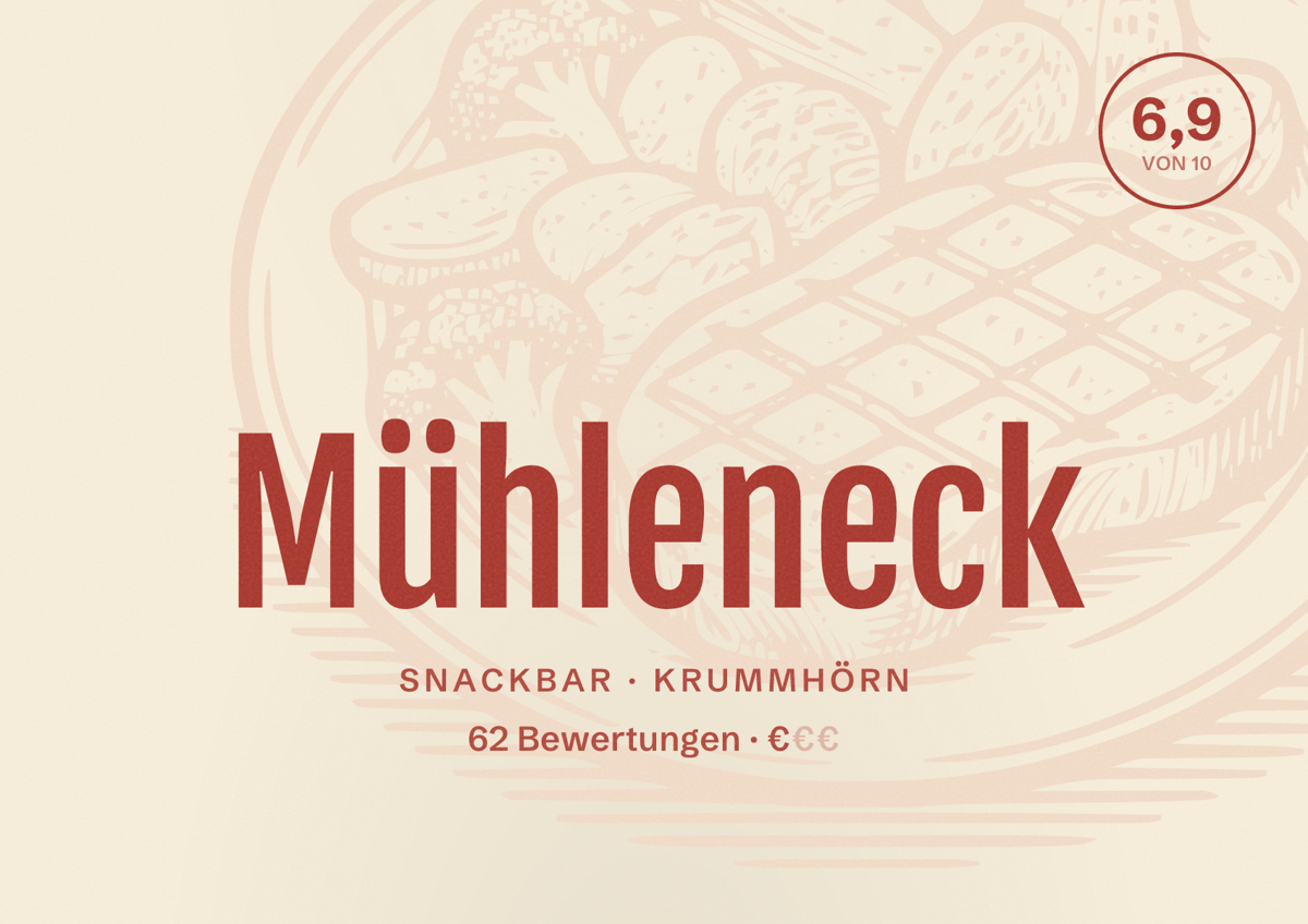 Illustriertes Poster von Mühleneck, Snackbar in Krummhörn: Bewertung 6,9 von 10 aus 62 Bewertungen, Preisniveau €
