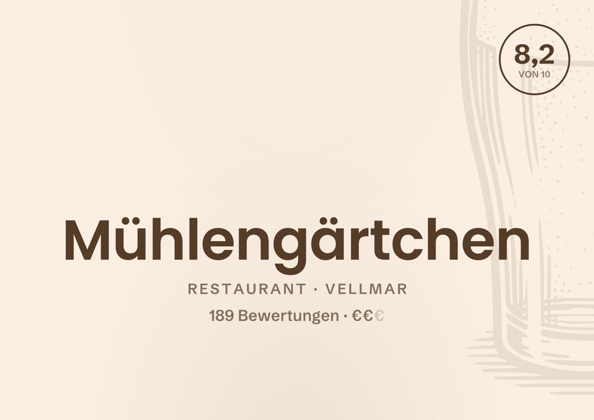 Illustriertes Poster von Mühlengärtchen, Restaurant in Vellmar: Bewertung 8,2 von 10 aus 189 Bewertungen, Preisniveau €€