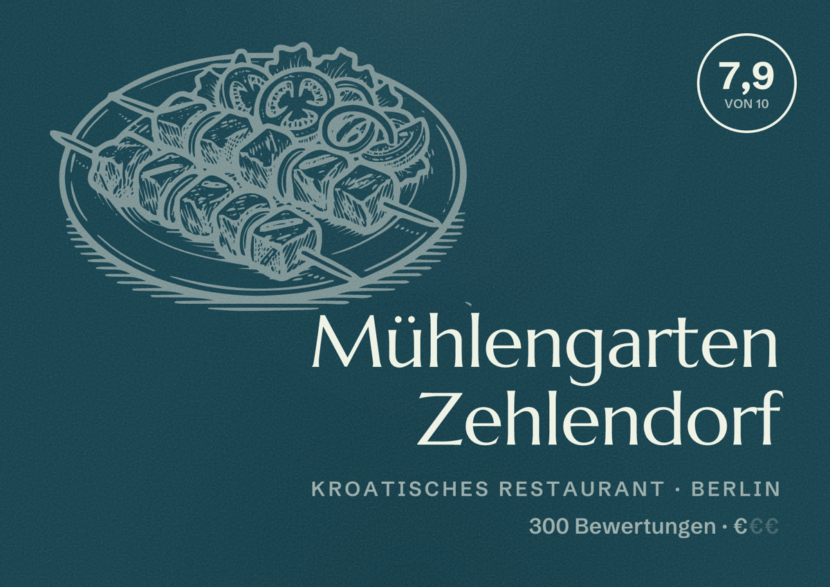 Illustriertes Poster von Mühlengarten Zehlendorf, Kroatisches Restaurant in Berlin: Bewertung 7,9 von 10 aus 300 Bewertungen, Preisniveau €