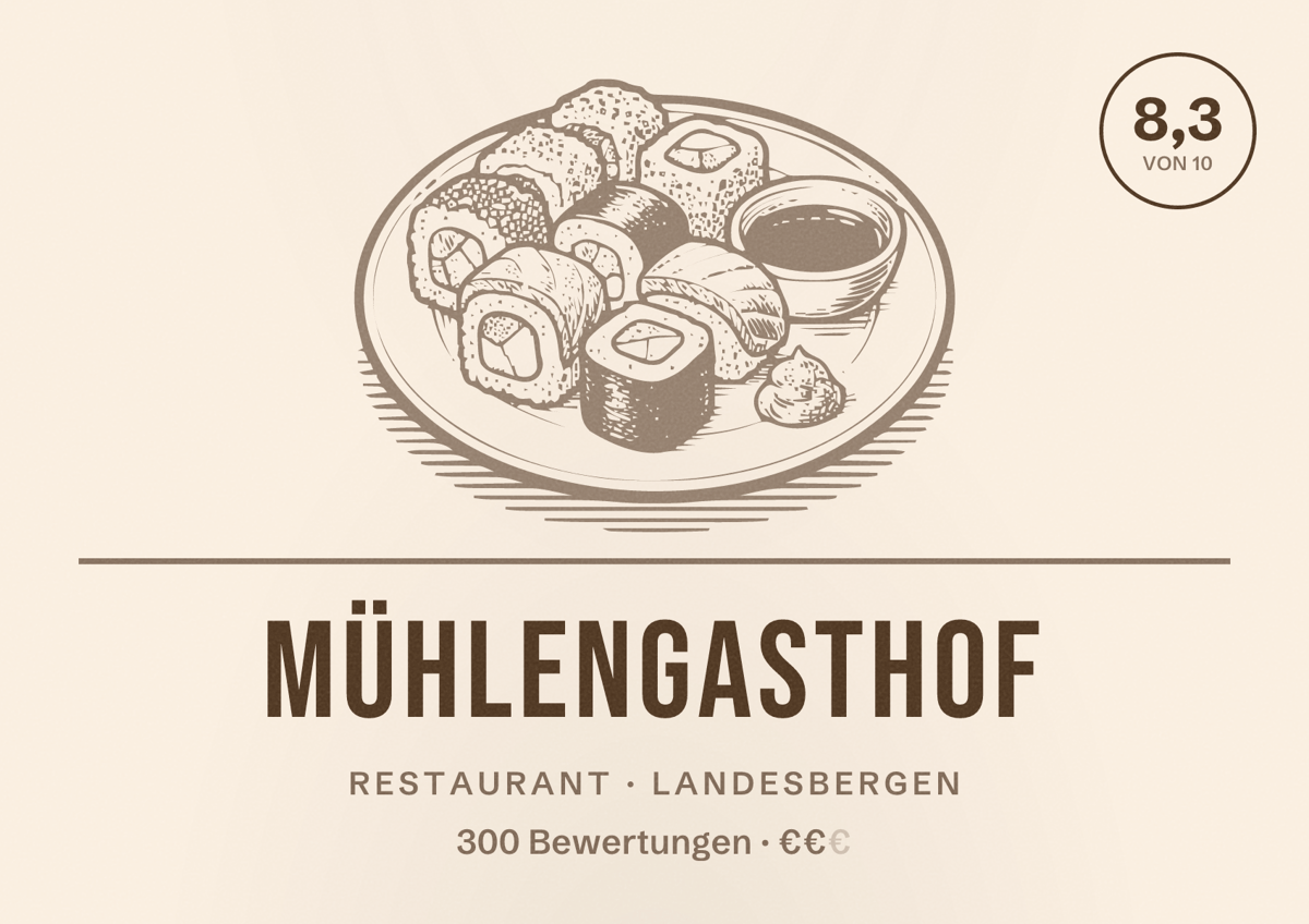 Illustriertes Poster von Mühlengasthof, Restaurant in Landesbergen: Bewertung 8,3 von 10 aus 300 Bewertungen, Preisniveau €€