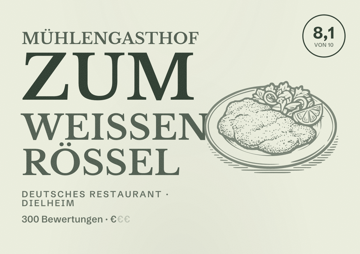 Illustriertes Poster von Mühlengasthof Zum Weißen Rössel, Deutsches Restaurant in Dielheim: Bewertung 8,1 von 10 aus 300 Bewertungen, Preisniveau €