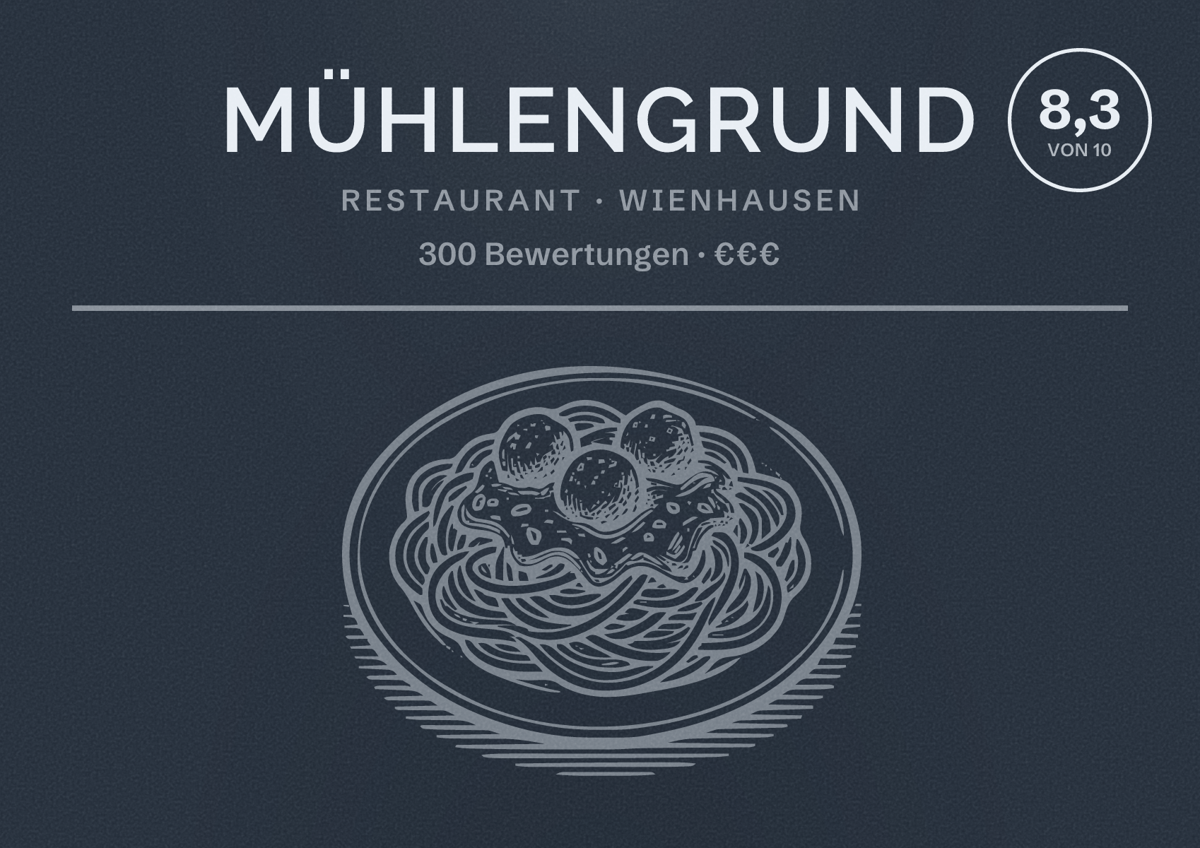 Illustriertes Poster von Mühlengrund, Restaurant in Wienhausen: Bewertung 8,3 von 10 aus 300 Bewertungen, Preisniveau €€€