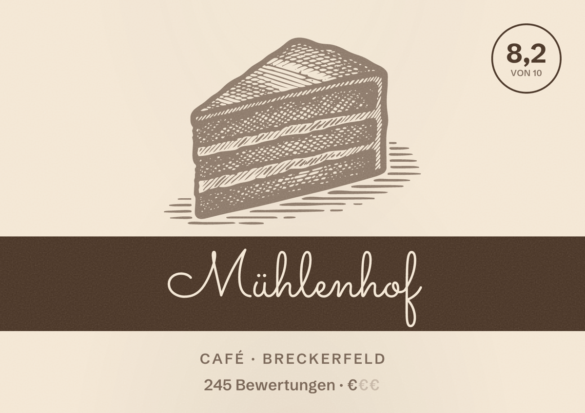Illustriertes Poster von Mühlenhof, Café in Breckerfeld: Bewertung 8,2 von 10 aus 245 Bewertungen, Preisniveau €