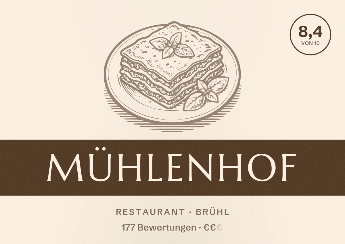 Illustriertes Poster von Mühlenhof, Restaurant in Brühl: Bewertung 8,4 von 10 aus 177 Bewertungen, Preisniveau €€
