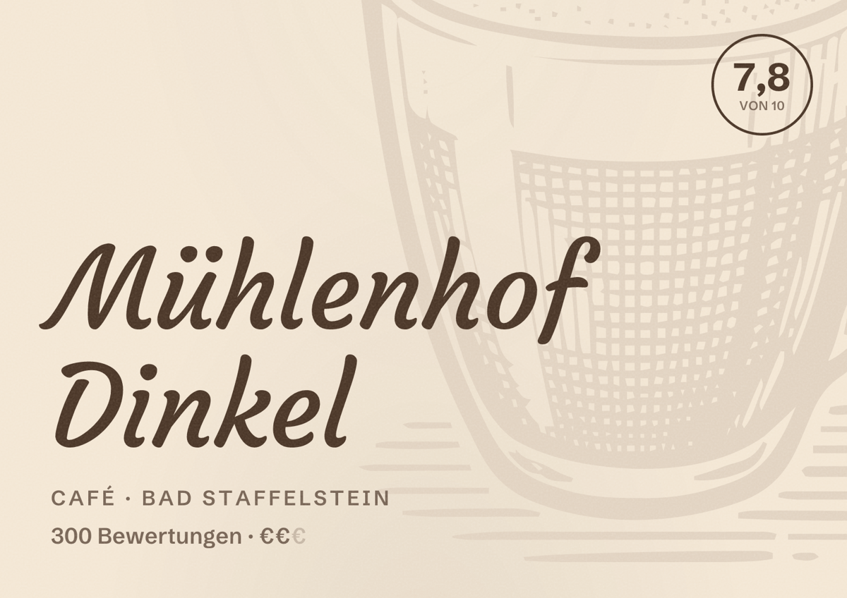 Illustriertes Poster von Mühlenhof Dinkel, Café in Bad Staffelstein: Bewertung 7,8 von 10 aus 300 Bewertungen, Preisniveau €€