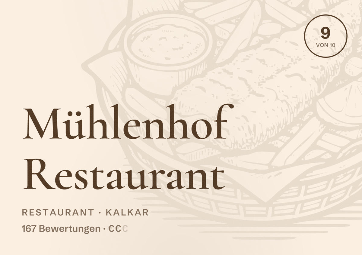 Illustriertes Poster von Mühlenhof Restaurant, Restaurant in Kalkar: Bewertung 9 von 10 aus 167 Bewertungen, Preisniveau €€