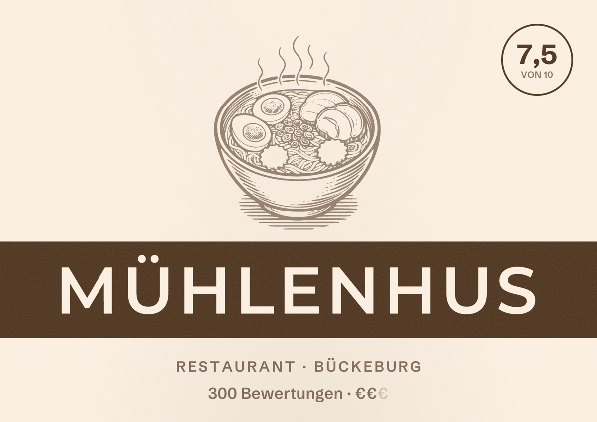 Illustriertes Poster von Mühlenhus, Restaurant in Bückeburg: Bewertung 7,5 von 10 aus 300 Bewertungen, Preisniveau €€
