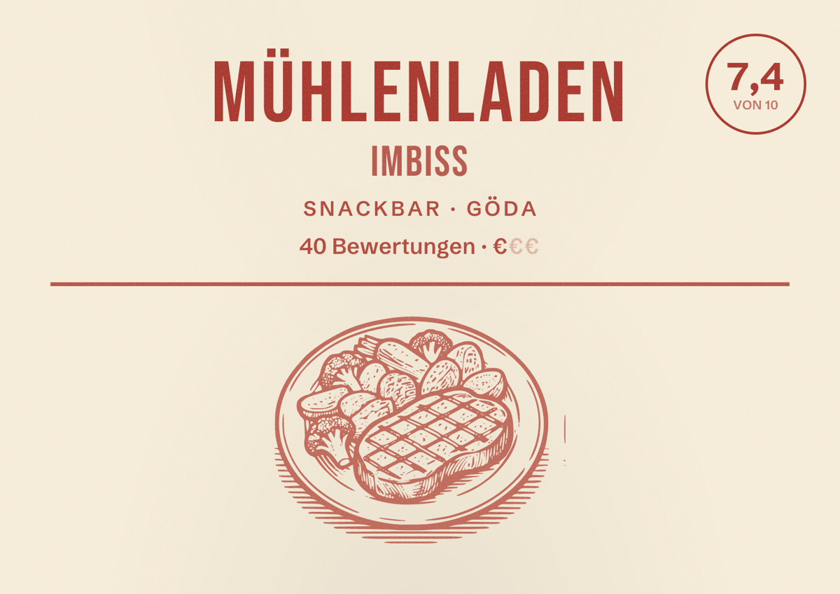Illustriertes Poster von Mühlenladen Imbiss, Snackbar in Göda: Bewertung 7,4 von 10 aus 40 Bewertungen, Preisniveau €