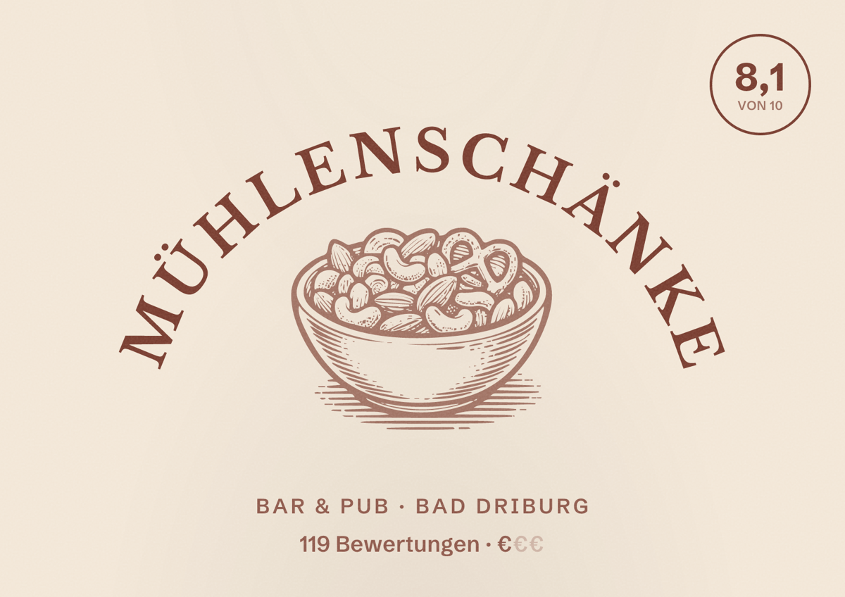 Illustriertes Poster von Mühlenschänke, Bar & Pub in Bad Driburg: Bewertung 8,1 von 10 aus 119 Bewertungen, Preisniveau €