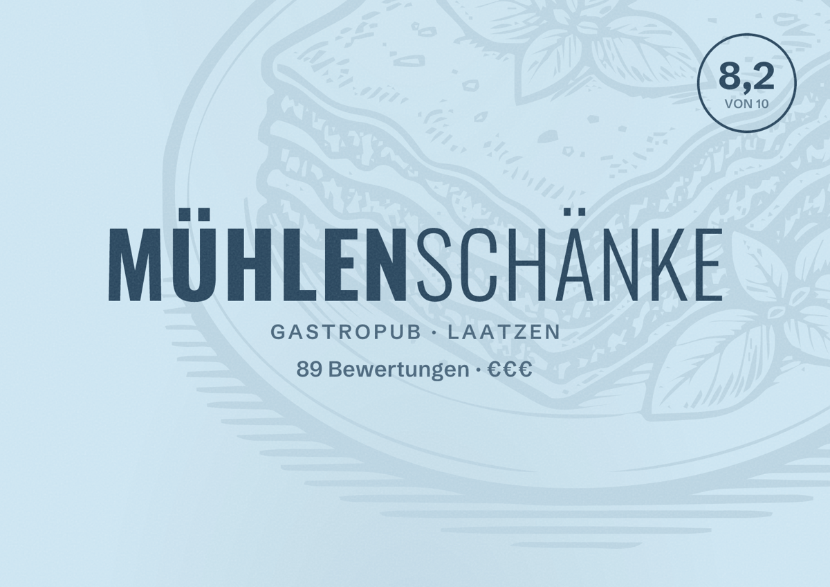 Illustriertes Poster von Mühlenschänke, Gastropub in Laatzen: Bewertung 8,2 von 10 aus 89 Bewertungen, Preisniveau €€€
