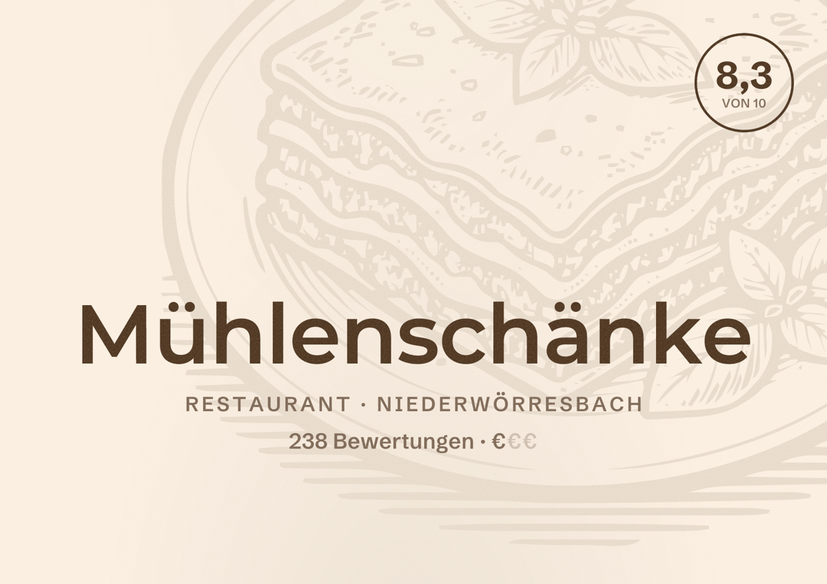 Illustriertes Poster von Mühlenschänke, Restaurant in Niederwörresbach: Bewertung 8,3 von 10 aus 238 Bewertungen, Preisniveau €