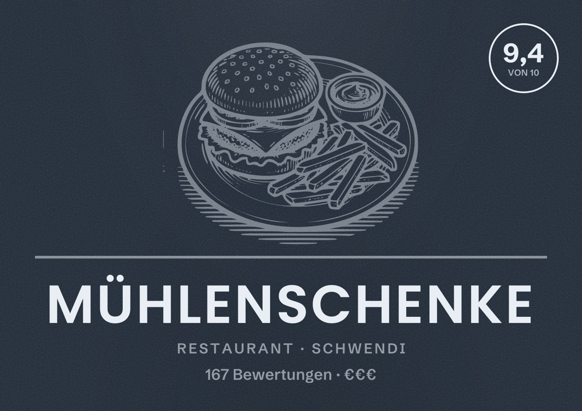 Illustriertes Poster von Mühlenschenke, Restaurant in Schwendi: Bewertung 9,4 von 10 aus 167 Bewertungen, Preisniveau €€€