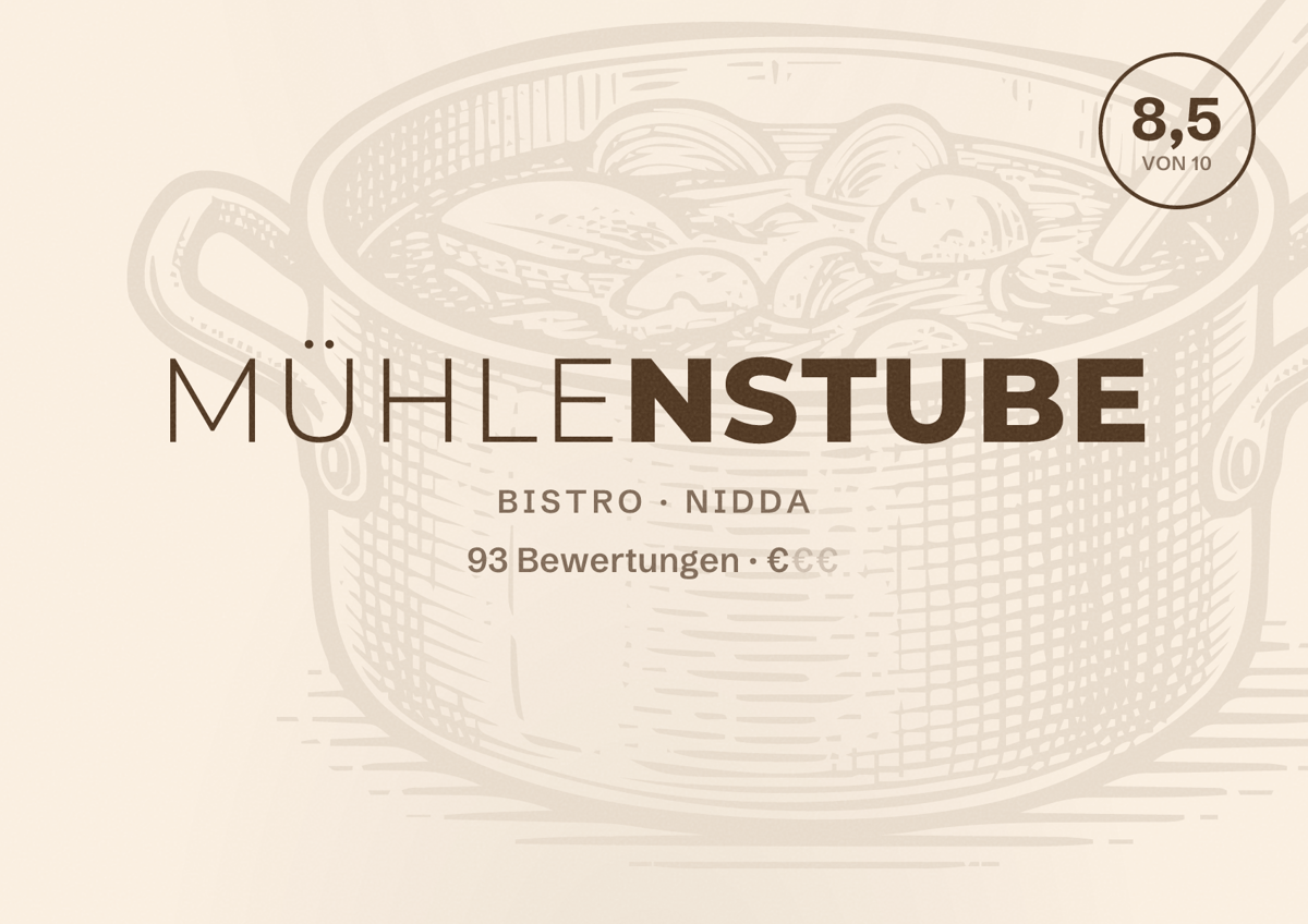 Illustriertes Poster von Mühlenstube, Bistro in Nidda: Bewertung 8,5 von 10 aus 93 Bewertungen, Preisniveau €